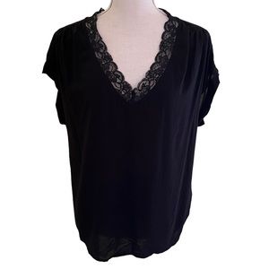 Anthropologie Black Lace-Trim V-Neck Top